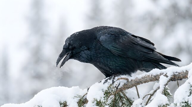 A detailed close-up shot captures a stark, high-contrast black common raven perching and cawing on a snow-covered evergreen branch in a cold winter wilderness.