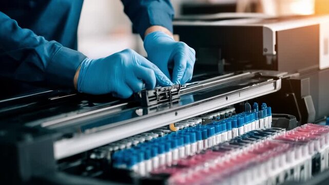 Technician carefully replacing ink cartridge in modern inkjet printer inside a bright office setting focusing on precision and maintenance.