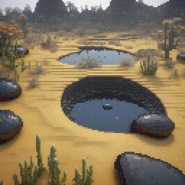 The image showcases a desert landscape with two waterholes, one of which has a unique rock formation.