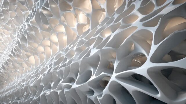 Medium shot of a dynamic parametric facade with fluid wavelike patterns adjusting to light and environmental conditions showcasing adaptive architectural design.
