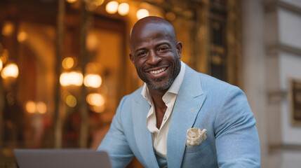 Obraz premium A smiling man in a light blue suit outdoors with warm lighting.
