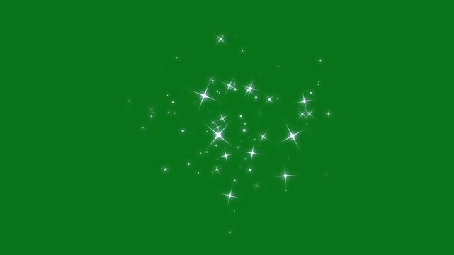Twinkling white glow sparkle stars animation, glitter burst shine particles and magic dust, cartoon vector doodle twinkle with fairy starlight shimmer effect on green screen, seamless overlay 4K
