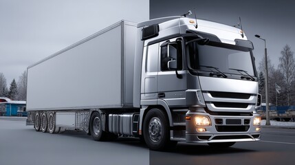 A silver semi truck with a white trailer. The truck is parked in front of a building. The trailer is empty