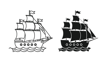 Black and white clip art of two sailing ships with flags and masts on waves © ARSM D