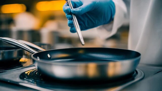 Medium shot of a researcher demonstrating nonstick nanotech coating on cookware emphasizing easy cleaning and enhanced food release properties