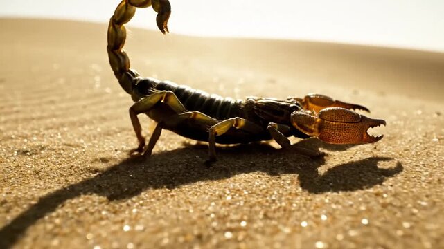 Scorpion crawling on desert sand in golden sunlight