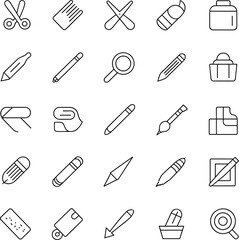 Creative design stationery icon set line vector collection featuring scissors, pencils, eraser, magnifier, art tools illustration