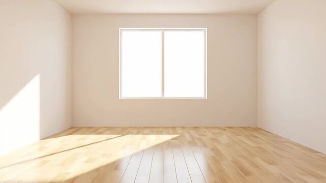 Timelapse of sunlight moving across the floor in a bright empty room. New apartment interior with wooden parquet and white walls. Real estate or moving day concept