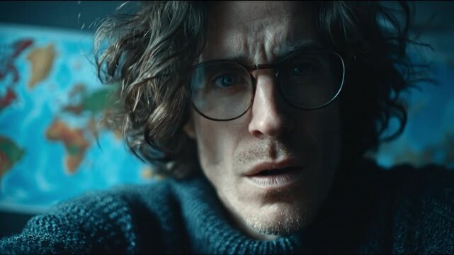 Man with glasses looks intently world map backdrop dramatic lighting