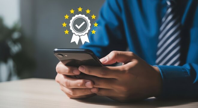 Businessman holding a smartphone with a european union gdpr compliance logo
