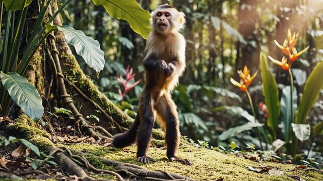 White-faced Capuchin Monkey in Lush Tropical Rainforest Jungle