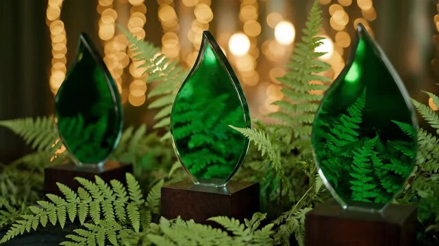 Row of elegant green glass trophies displayed with fern leaves for an environmental awards ceremony. Celebrating success in sustainability and corporate responsibility