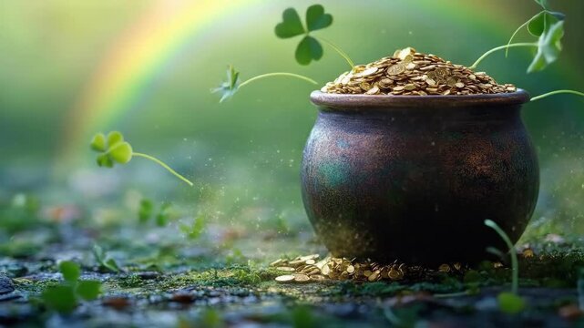Pot of gold with shamrocks on grass with rainbow in background. Saint Patrick's Day, St Paddy's Day, St Patty's Day - Irish National Holiday and Cultural Celebration