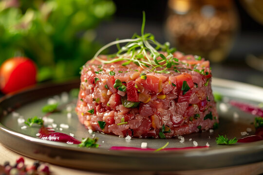 tatar steak tartare of raw beef meat on table selective focus