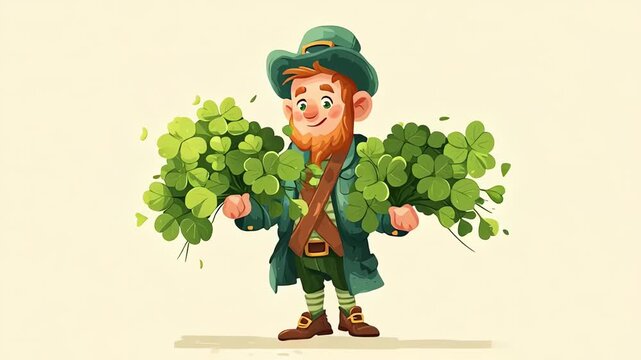 Leprechaun Holding and Raising Shamrocks St Patricks Day Animation