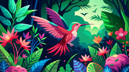 Obraz premium Very beautiful pink-toned hummingbird gliding through a tropical woodland, hovering near a red blossom amid dense greenery, capturing the vibrant rhythm of rainforest wildlife.