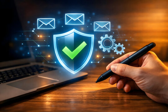 Stylus Over Laptop with Shield and Green Checkmark Surrounded by Envelope and Gear Icons &mdash; Secure Digital Communication, Verified Email and Cybersecurity Workflow Concept