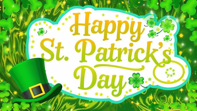Happy St Patricks Day Text with Leprechaun Hat and Green Clovers