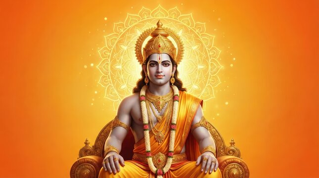 Majestic Lord Ram with Radiant Golden Mandala Halo &ndash; Premium Hindu Devotional Poster Art