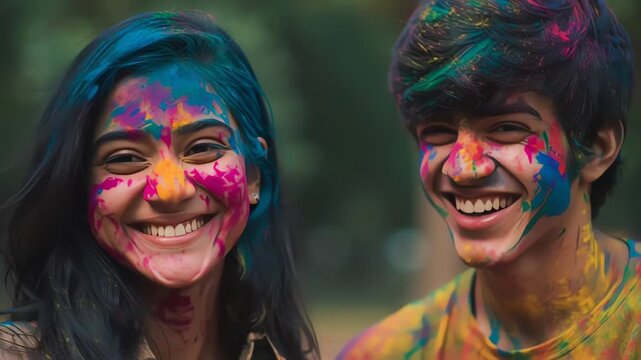 Joyful Indian Couple Celebrating Holi Covered in Bright Gulal Colors