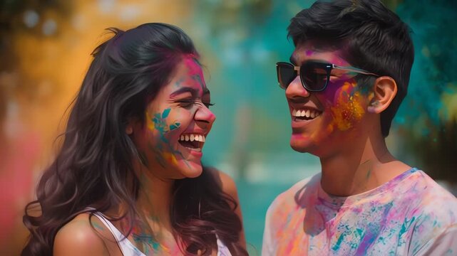 Young Indian Couple Celebrating Holi Festival of Colors with Laughter