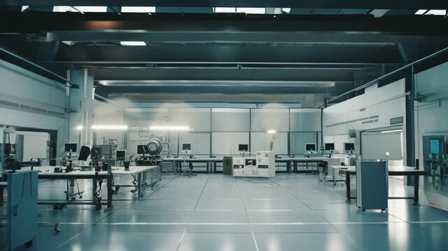Modern facility interior with scientific and industrial equipment, featuring a clean sterile design for ongoing research and development in a high tech environment