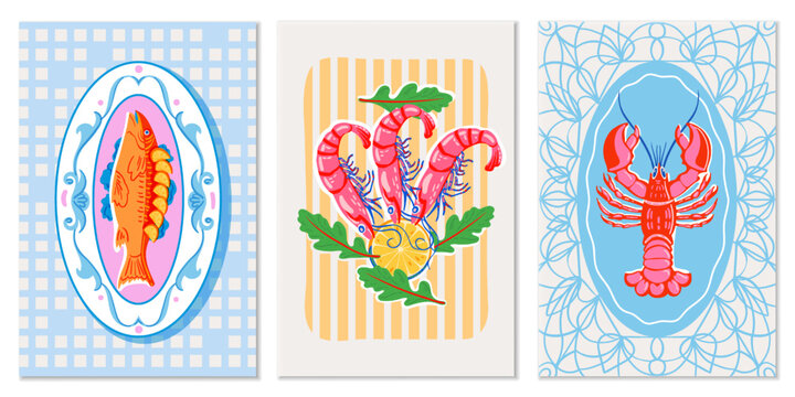 Seafood poster set with fish, shrimp and lobster in decorative vintage style. Bright illustration with ornamental frames, stripes and pastel colors for menu, print and design.