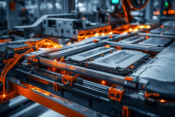 lithium-ion high-voltage battery component on assembly line of plant