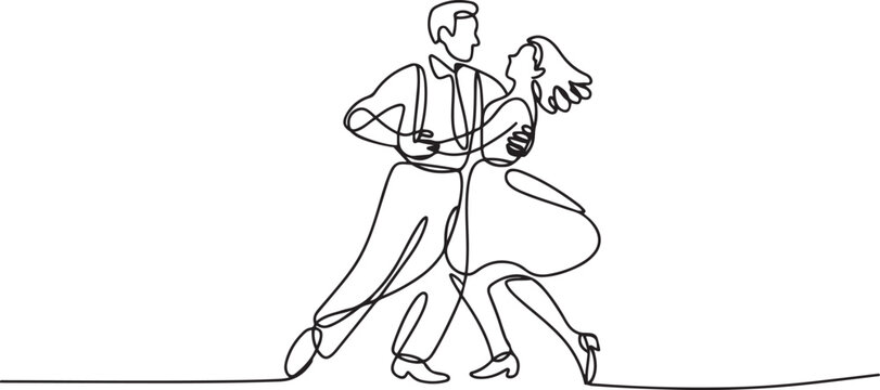 Continuous one line drawing man and woman dancing Lindy hop or Swing. Male and female characters performing dance at school or party. Fun lifestyle. one line Icon drawing