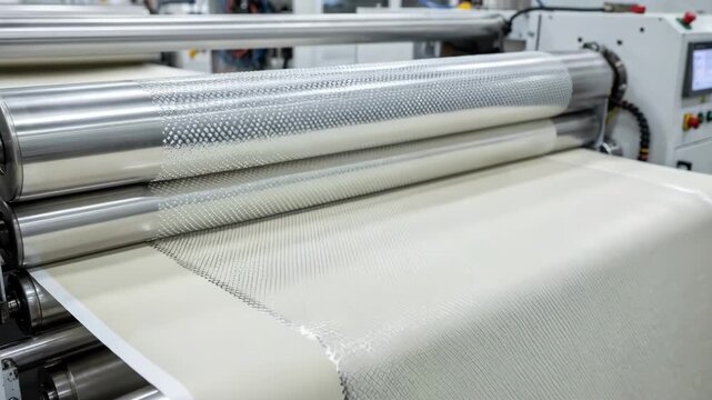 Medium shot of gravure roll coating with engraved microdots precisely applying patterned coating onto smooth moving fabric in a hightech industrial setting.