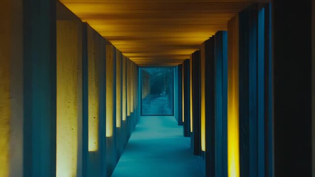 Modern building architecture featuring a long, narrow corridor with strong perspective and contrasting blue and yellow lights illuminating the walls and ceiling