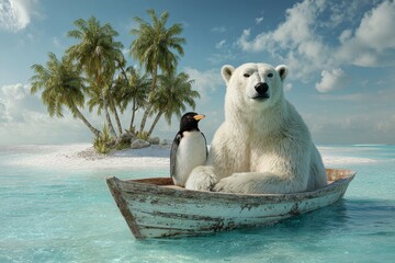 A whimsical scene of a polar bear and a penguin joyfully sailing together in a colorful boat across the ocean.