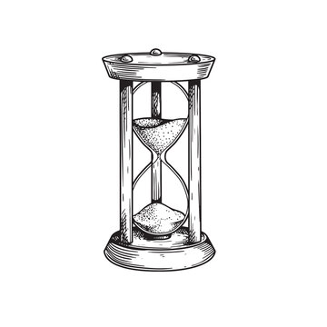 Vintage hand drawn sketch style hourglass. Engraving retro style. Vector illustration isolated on white.
