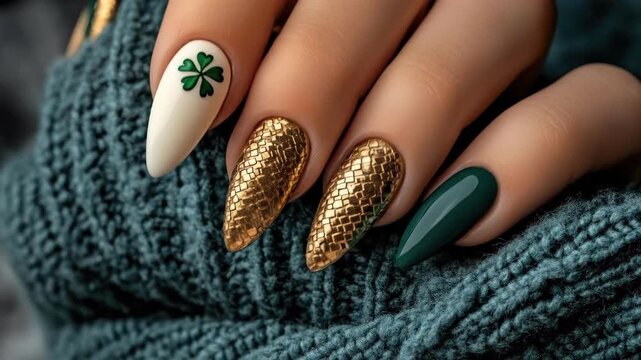 Elegant st. patrick's day nail art with gold accents and clover designs. Saint Patrick's Day, St Paddy's Day, St Patty's Day - Irish National Holiday and Cultural Celebration