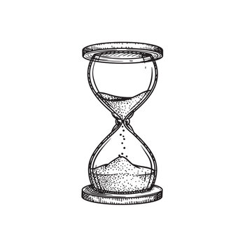 Vintage hand drawn sketch style hourglass. Engraving retro style. Vector illustration isolated on white.