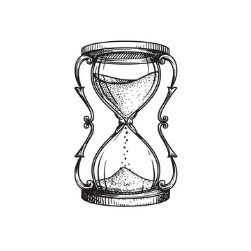 Vintage hand drawn sketch style hourglass. Engraving retro style. Vector illustration isolated on white.