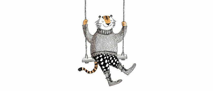 happy tiger smiling and standing in checkered harem pants lifestyle illustration line drawing