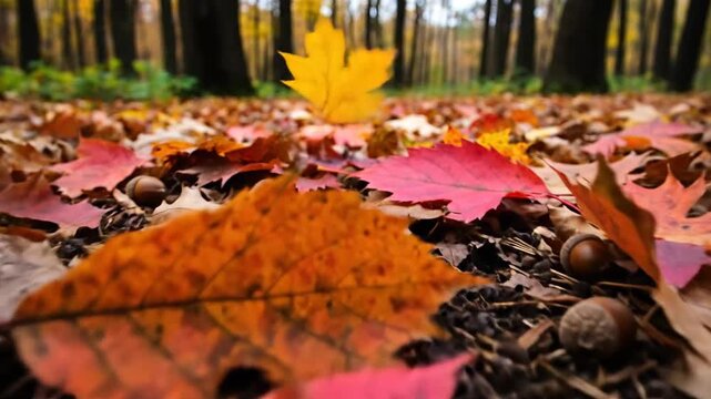 Colorful autumn leaves are scattered on the ground in the forest.