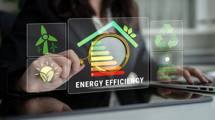 Business professional analyzing digital indicators of energy efficiency trends with symbols for renewable energy and sustainability concepts Quark. © InfiniteFlow