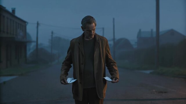 Man inspecting white cloths in jacket pockets on empty street