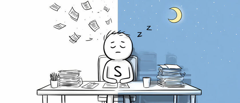 Stick figure person with letter S on shirt standing in split scene minimalist illustration