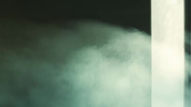 Indoor room filled with thick smoke and diffuse light through a window, creating a hazy, eerie atmosphere suggesting mystery, potential danger, and domestic hazard