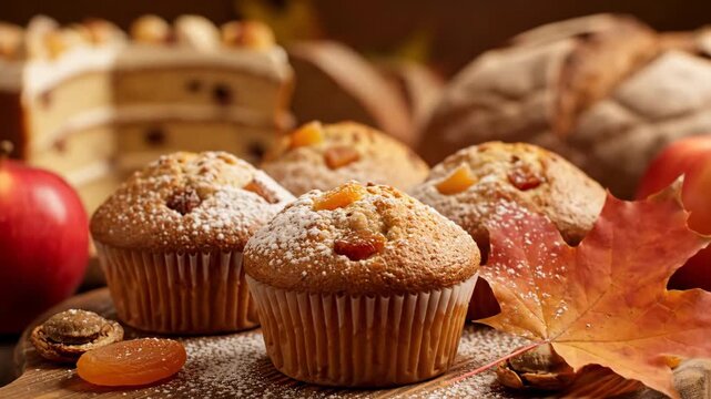 Homemade muffins with dried apricots on a wooden board. A panoramic sequence showing the process of decorating cupcakes with powdered sugar and an autumn maple leaf