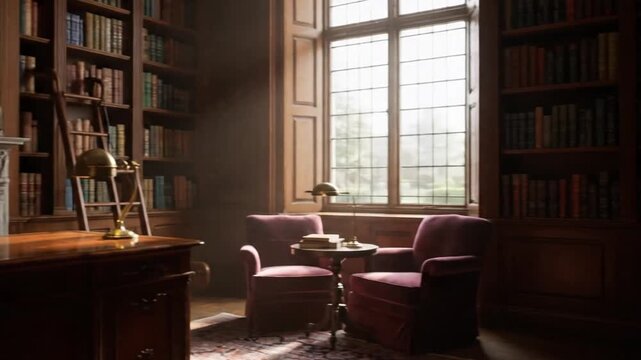 Elegant library interior with bookshelves desk and armchairs