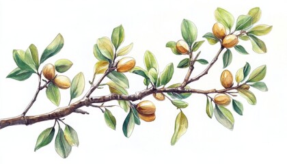 Elegant branch showcasing ripe fruits and vibrant green leaves in a botanical illustration style