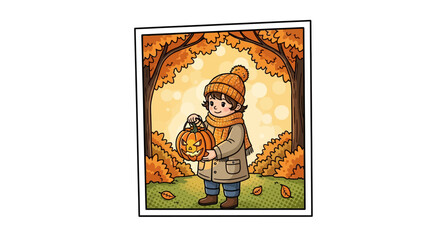 Obraz premium Cute child in autumn attire holding a carved pumpkin under fall trees