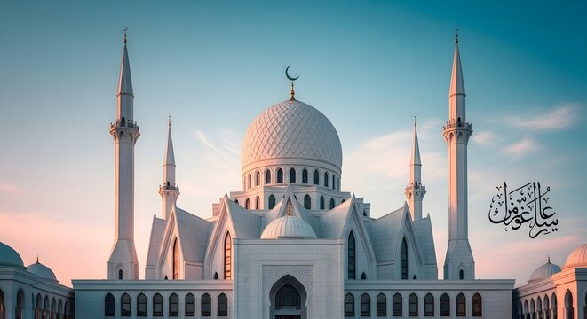 Ramadan mubarak a majestic mosque at sunset eid mubarak wishes and ramadan kareem greetings