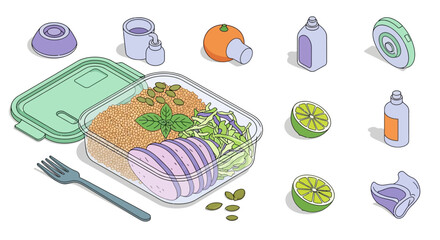 Healthy meal prep container with quinoa and vegetables in isometric style