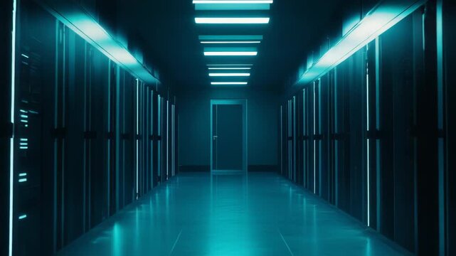 Server racks filling a futuristic data center corridor, displaying blue glow and reflecting light, creating a strong sense of modern technology infrastructure and digital information flow