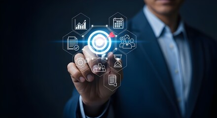 Goal setting and strategic focus using digital interface. businessman selecting target icon and strategy dashboard. strategic planning, performance tracking and digital business management for success